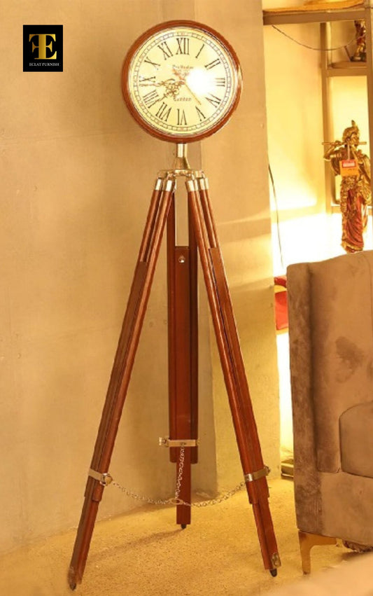 ECLAT FURNISH Vintage Style Wooden Floor Clock Antique Finish Stand Industrial Tripod Floor Clock